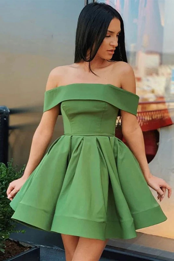 Off The Shoulder Green Satin Short Homecoming Dress WD189