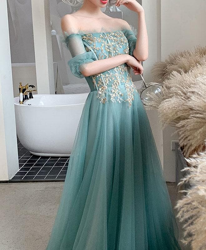 
                      
                        Off The Shoulder Green Tulle With Gold Lace Appliqued Prom Dresses
                      
                    