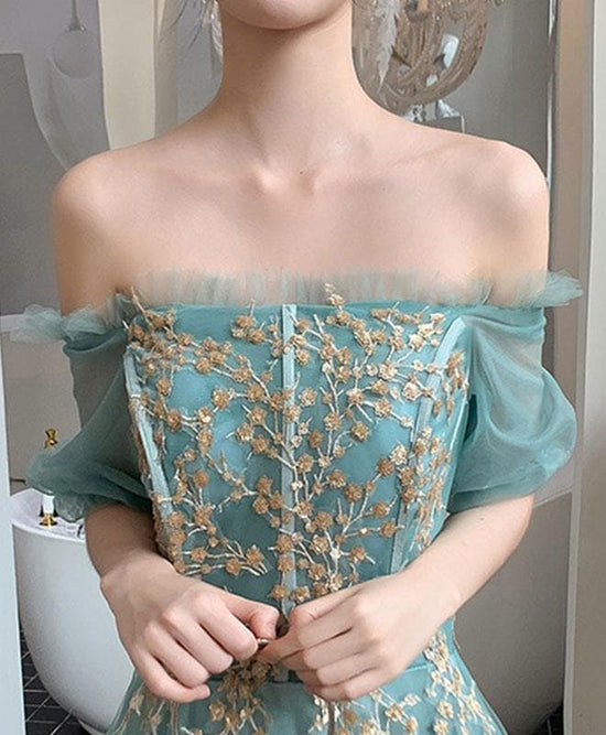 Off The Shoulder Green Tulle With Gold Lace Appliqued Prom Dresses