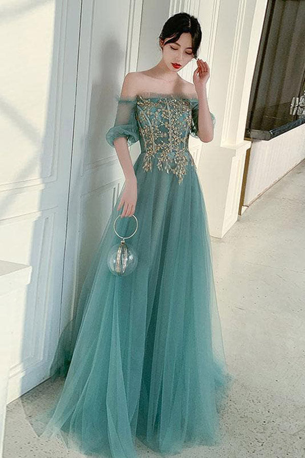 Off The Shoulder Green Tulle With Gold Lace Appliqued Prom Dresses