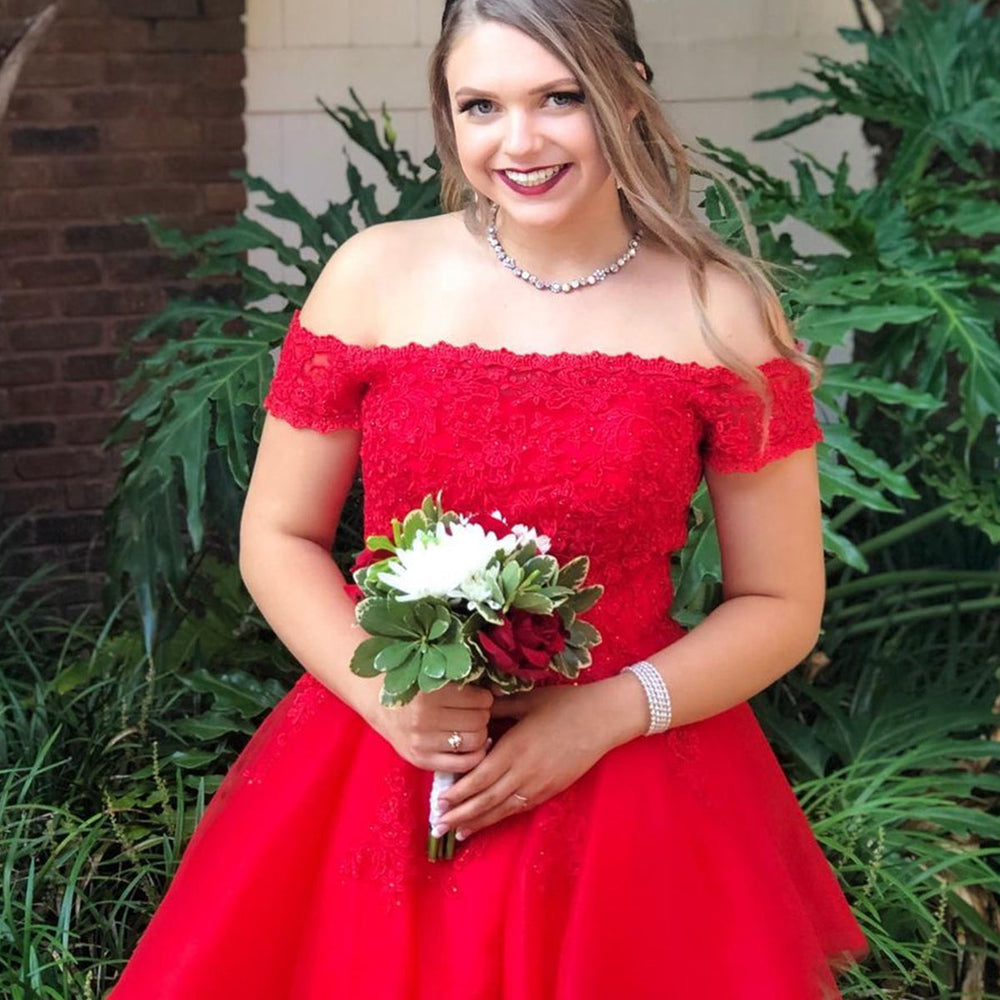 
                      
                        Off the Shoulder Layered Red Lace Short Prom Homecoming Dresses, Off Shoulder Red Formal Dresses, Red Lace Evening Dresses 
                      
                    