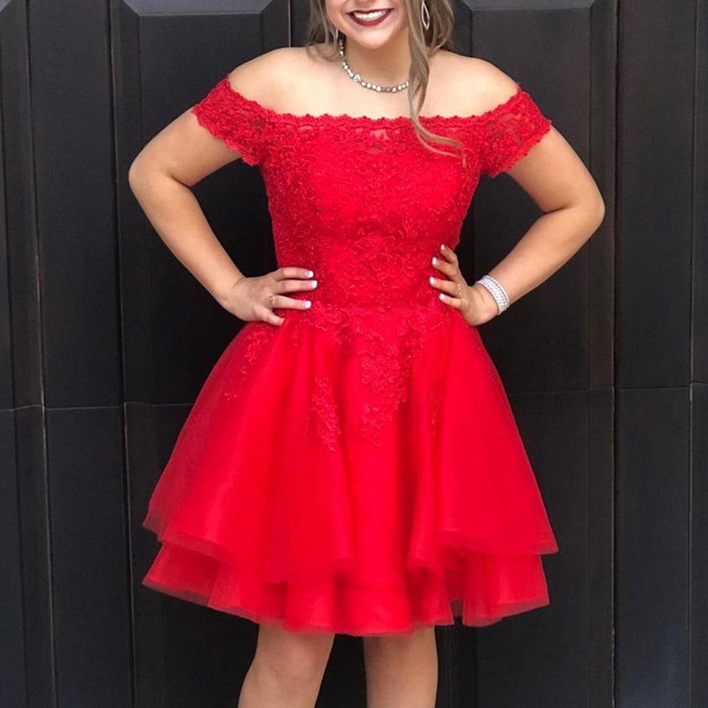 Off the Shoulder Layered Red Lace Short Prom Homecoming Dresses, Off Shoulder Red Formal Dresses, Red Lace Evening Dresses 