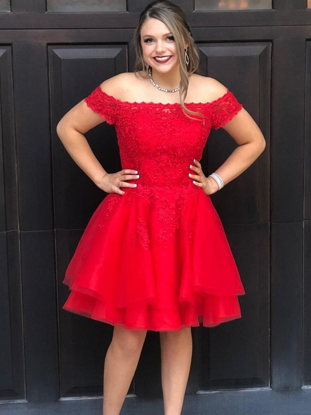 Off the Shoulder Layered Red Lace Short Prom Homecoming Dresses, Off Shoulder Red Formal Dresses, Red Lace Evening Dresses 