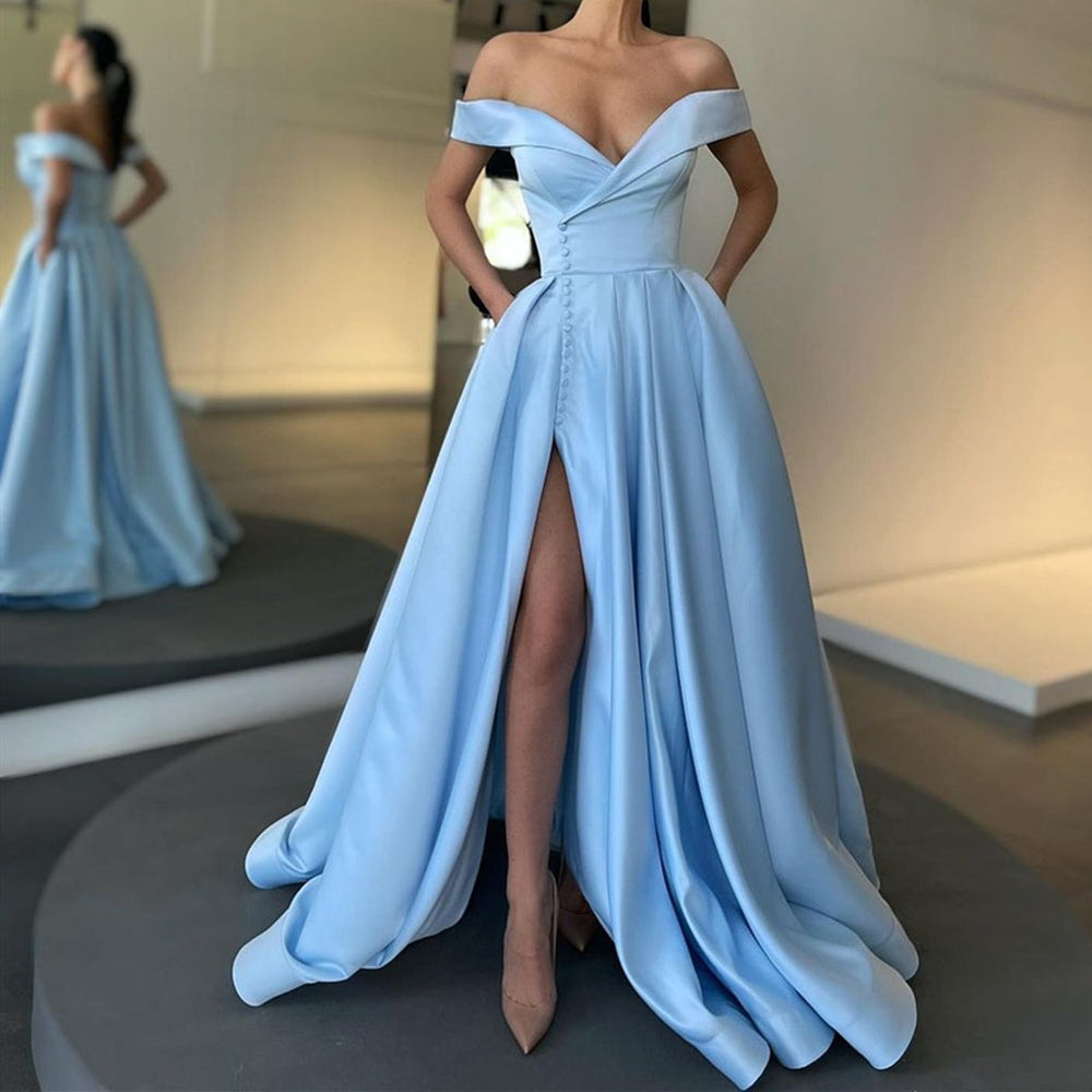 
                      
                        Off the Shoulder Light Blue Satin Long Prom Dresses with Slit, Off Shoulder Light Blue Formal Evening Dresses
                      
                    