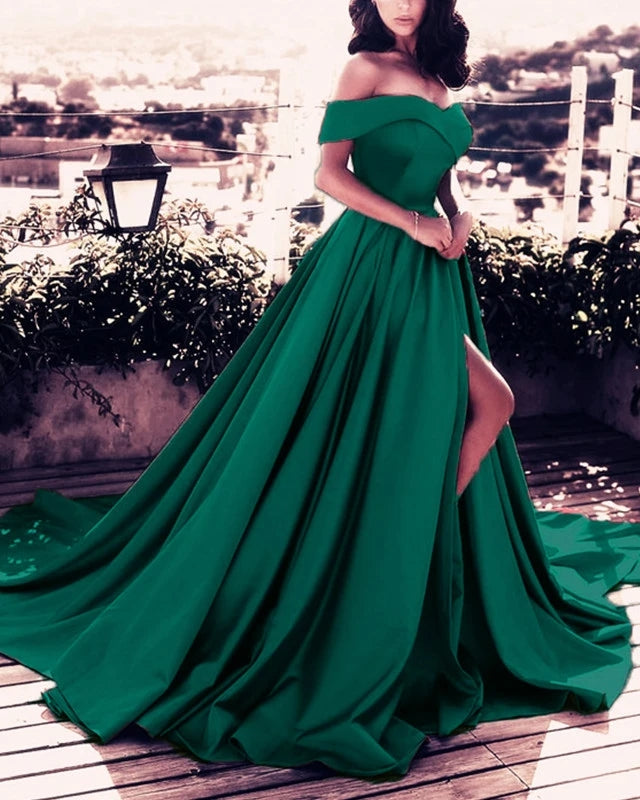 
                      
                        Off The Shoulder Long Satin Prom Dress Sexy Slit Evening Dress
                      
                    