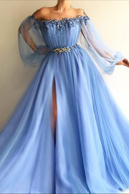 Off-the-Shoulder Long Sleeves Evening Dress With Beads