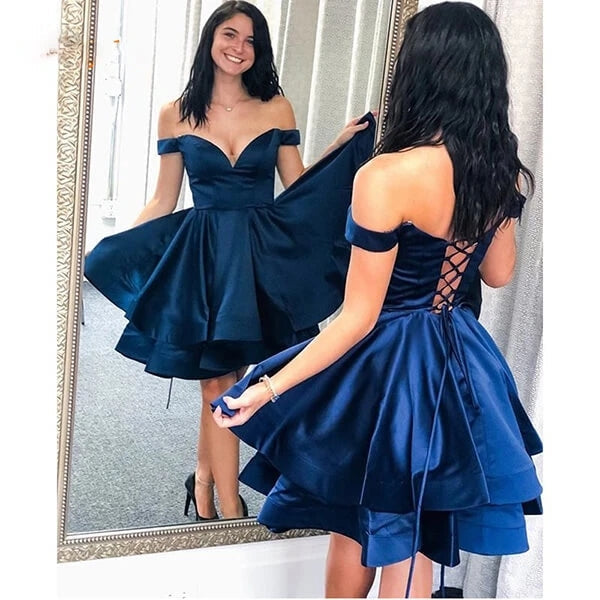 
                      
                        Off The Shoulder Navy Blue  Satin  Ruffles Homecoming Dress
                      
                    