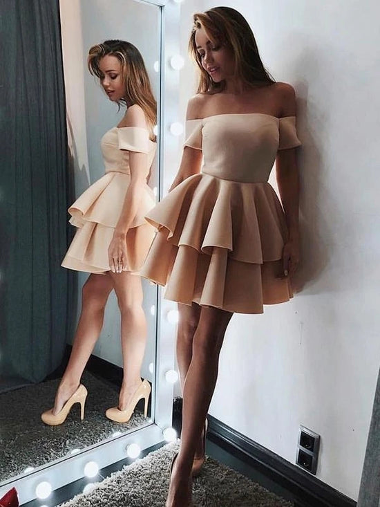 Off The Shoulder Nude Satin Short Homecoming Dress