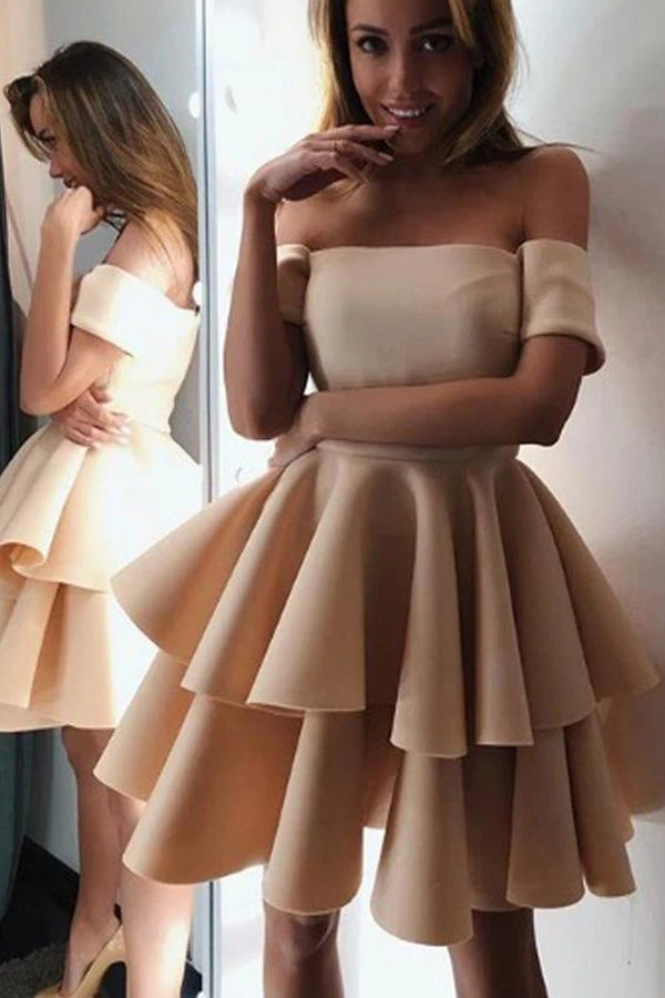 Off The Shoulder Nude Satin Short Homecoming Dress