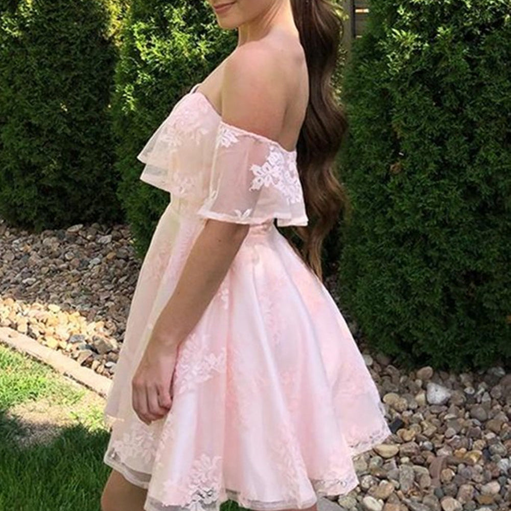 
                      
                        Off the Shoulder Pink Lace Short Prom Dresses, Off Shoulder Pink Homecoming Dresses, Pink Lace Formal Evening Dresses 
                      
                    