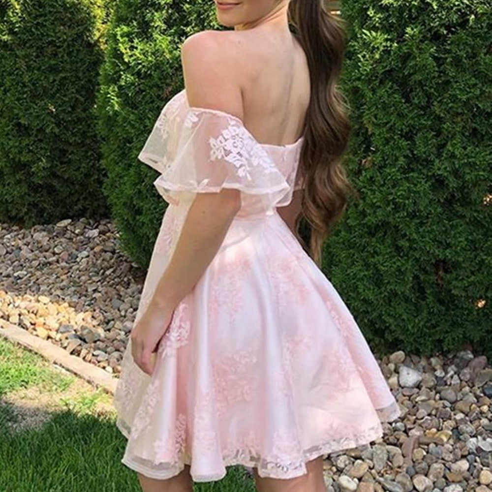 
                      
                        Off the Shoulder Pink Lace Short Prom Dresses, Off Shoulder Pink Homecoming Dresses, Pink Lace Formal Evening Dresses 
                      
                    