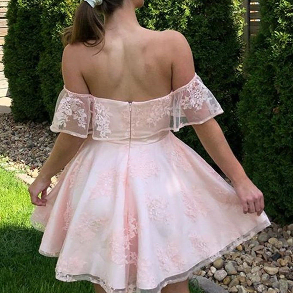 
                      
                        Off the Shoulder Pink Lace Short Prom Dresses, Off Shoulder Pink Homecoming Dresses, Pink Lace Formal Evening Dresses 
                      
                    