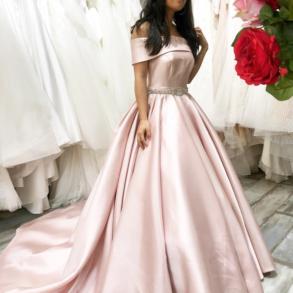 Off the Shoulder Pink Satin Long Prom Dresses with Belt, Off Shoulder Pink Formal Graduation Evening Dresses 