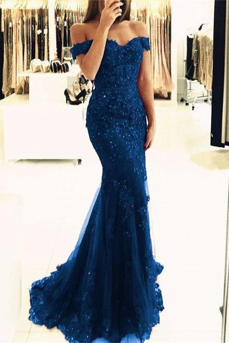 
                      
                        Off-the-Shoulder Prom Dress | Lace Appliques Evening Gowns
                      
                    