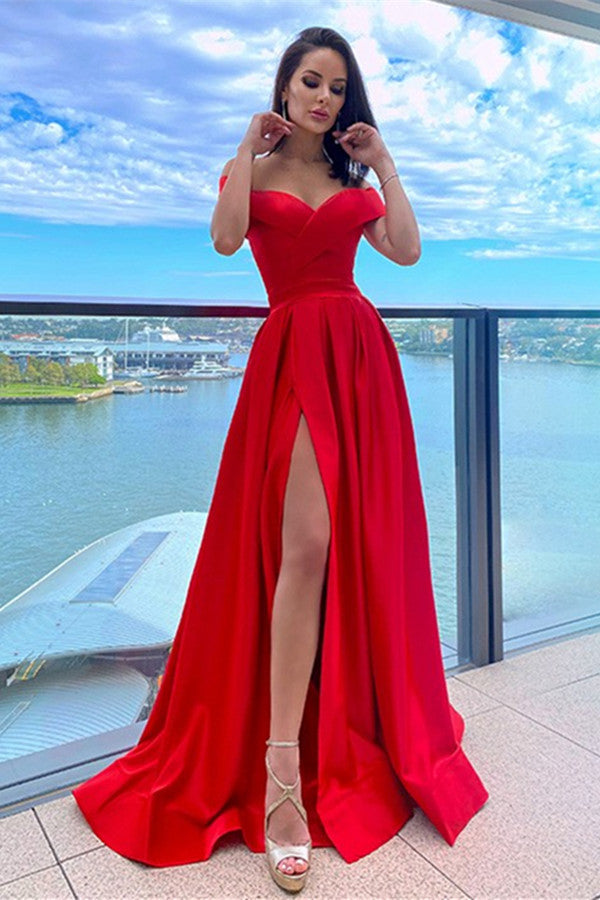 Off-the-Shoulder Red Prom Dress With Split