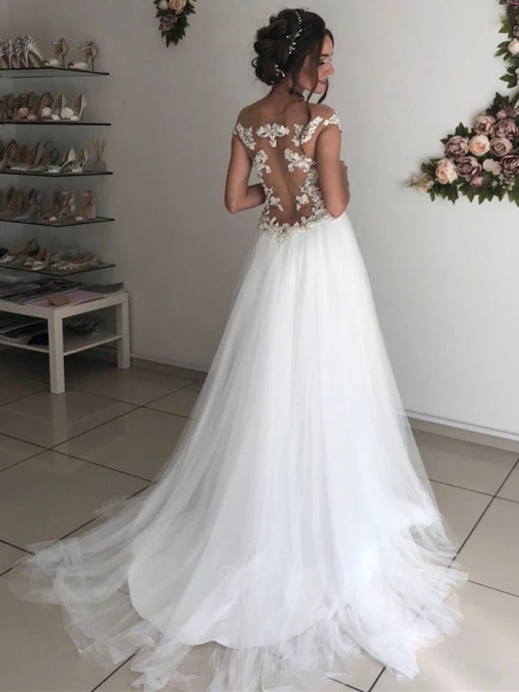 
                      
                        Off the Shoulder Round Neck White Lace Wedding Dresses, Off Shoulder White Lace Long Prom Formal Evening Dresses
                      
                    