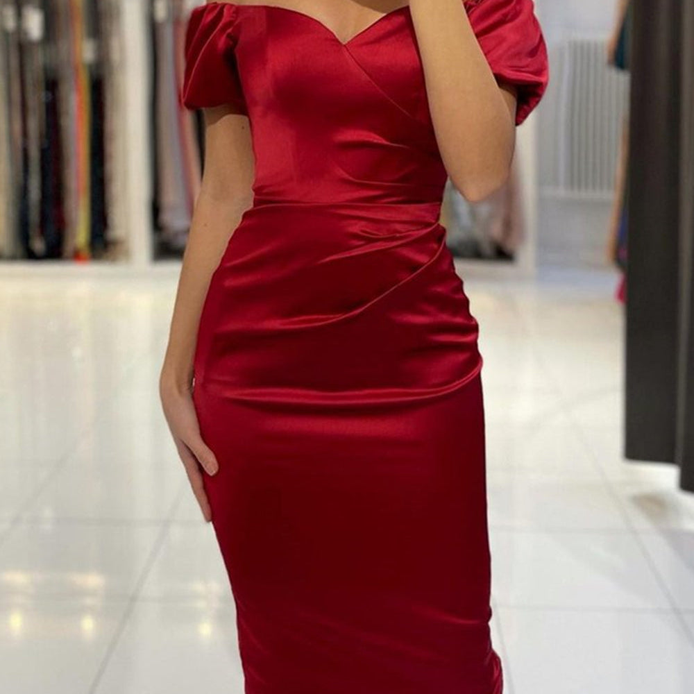 
                      
                        Off the Shoulder Tea Length Burgundy Prom Dresses, Wine Red Tea Length Satin Formal Evening Homecoming Dresses
                      
                    