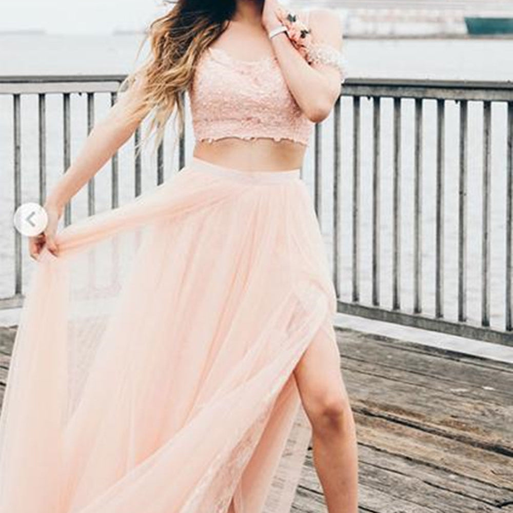 
                      
                        Off the Shoulder Two Pieces Pink Lace Long Prom Dresses, 2 Piece Pink Formal Dresses, Off Shoulder Pink Evening Dresses
                      
                    