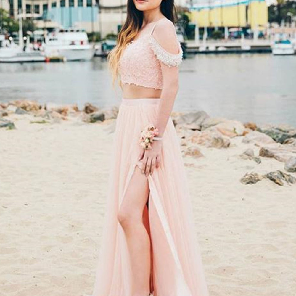 Off the Shoulder Two Pieces Pink Lace Long Prom Dresses, 2 Piece Pink Formal Dresses, Off Shoulder Pink Evening Dresses