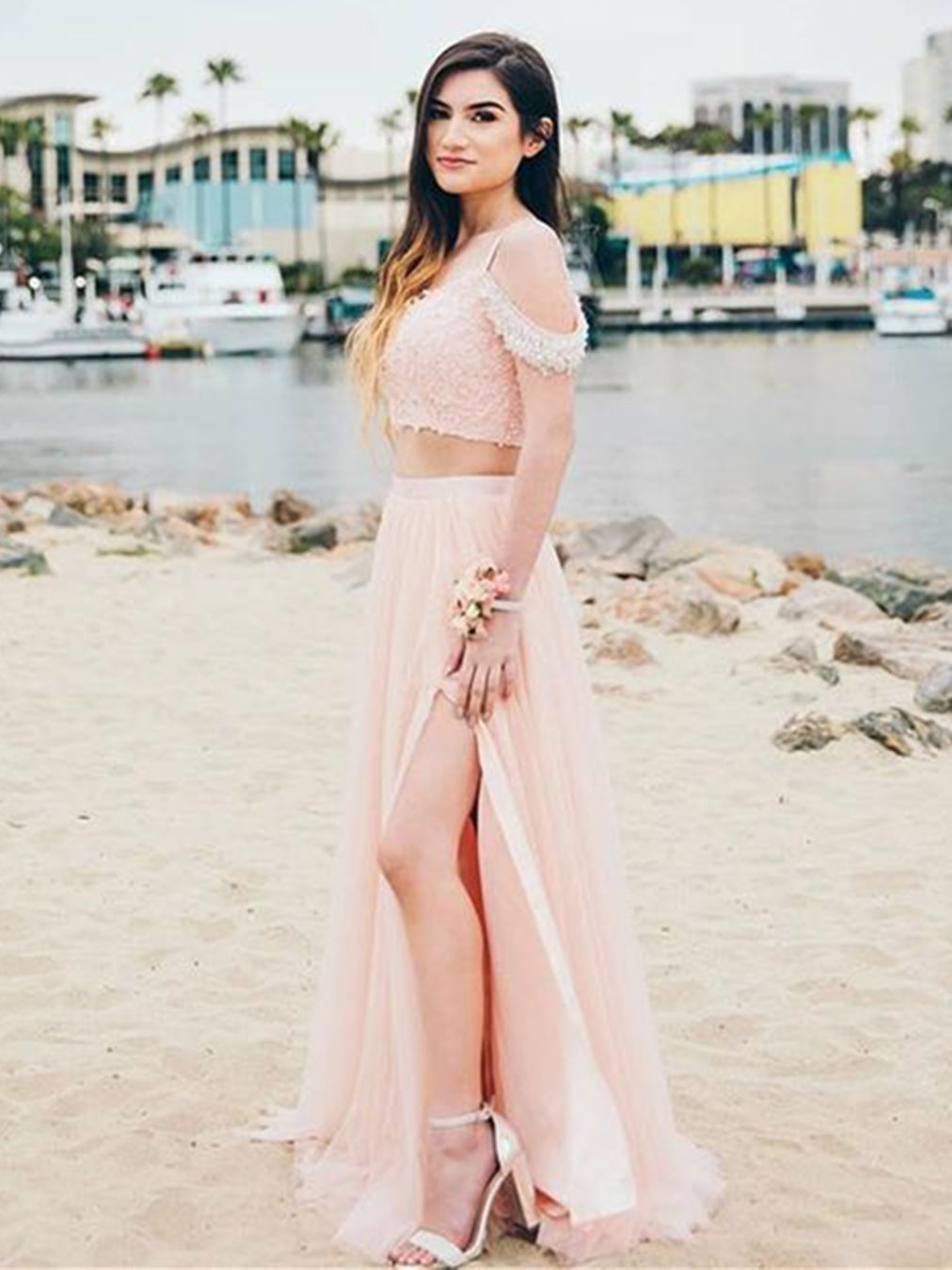 Off the Shoulder Two Pieces Pink Lace Long Prom Dresses, 2 Piece Pink Formal Dresses, Off Shoulder Pink Evening Dresses