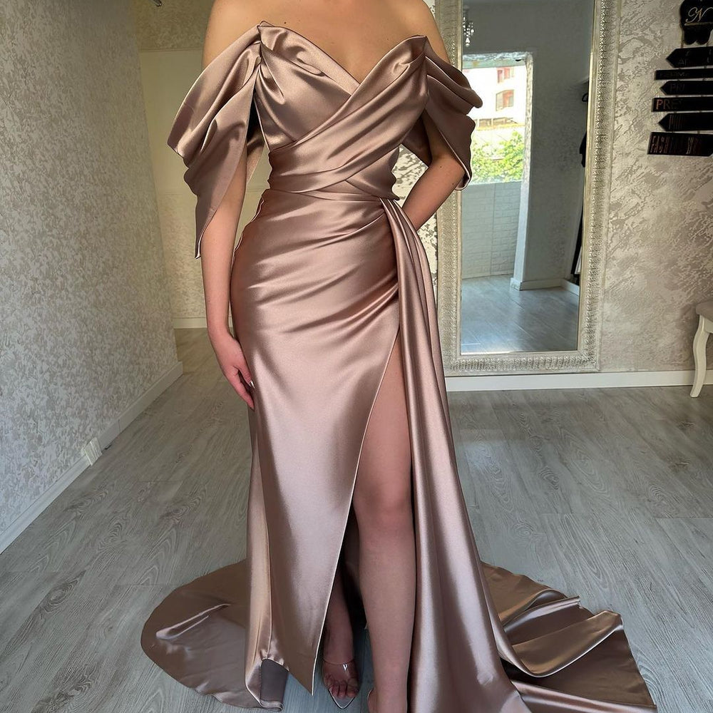 
                      
                        Off The Shoulder V Neck Split Pleated Dusty Pink Prom Dress
                      
                    