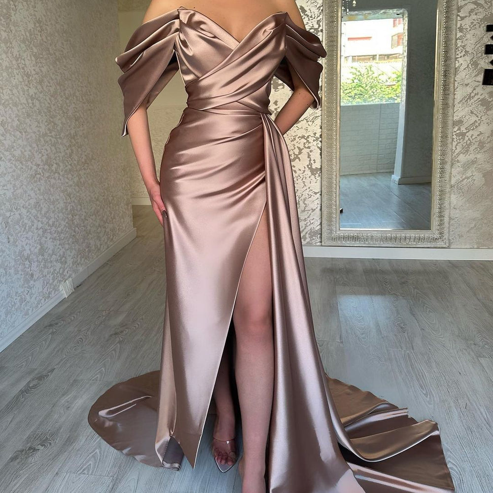 
                      
                        Off The Shoulder V Neck Split Pleated Dusty Pink Prom Dress
                      
                    