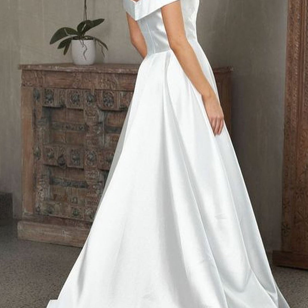 
                      
                        Off the Shoulder V Neck White Satin Long Prom Dresses, V Neck Off Shoulder White Formal Evening Dresses
                      
                    