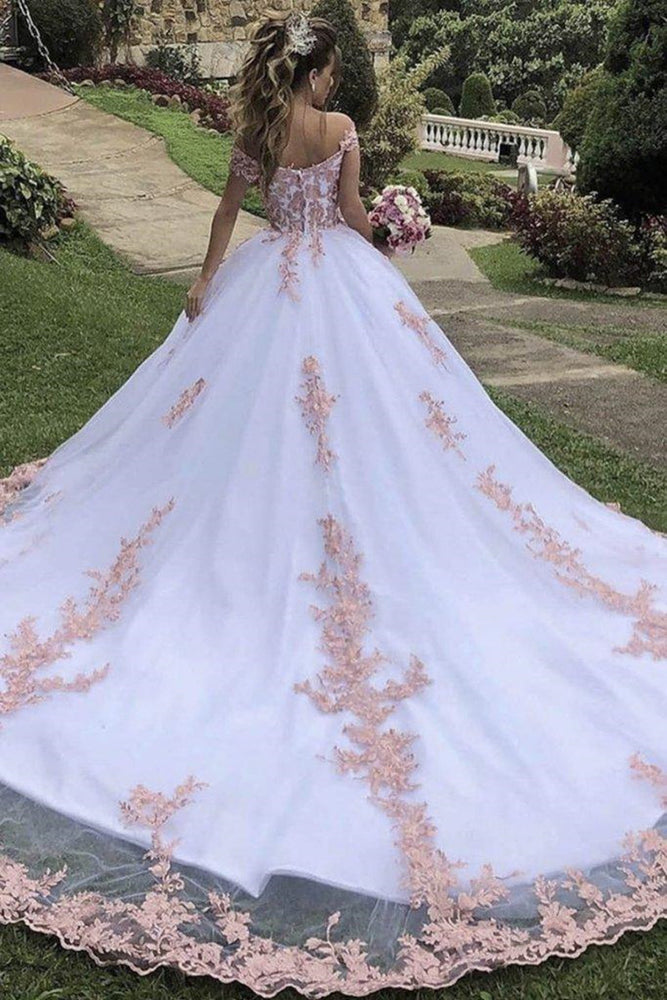 
                      
                        Off the Shoulder White Lace Long Prom Dresses, Off Shoulder White Lace Formal Evening Dresses, White Ball Gown
                      
                    