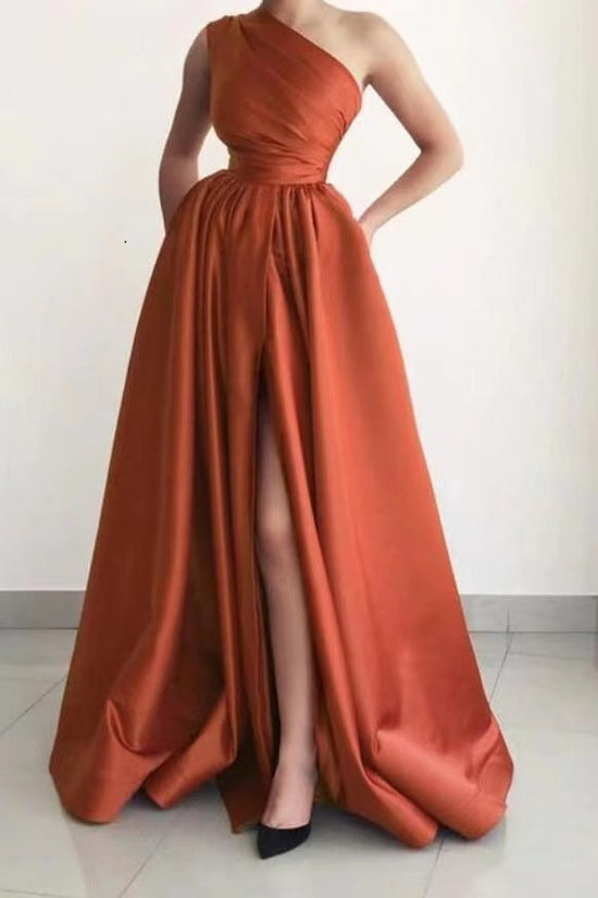 One-Shoulder A-Line Prom Gown with Dramatic Split and Pockets