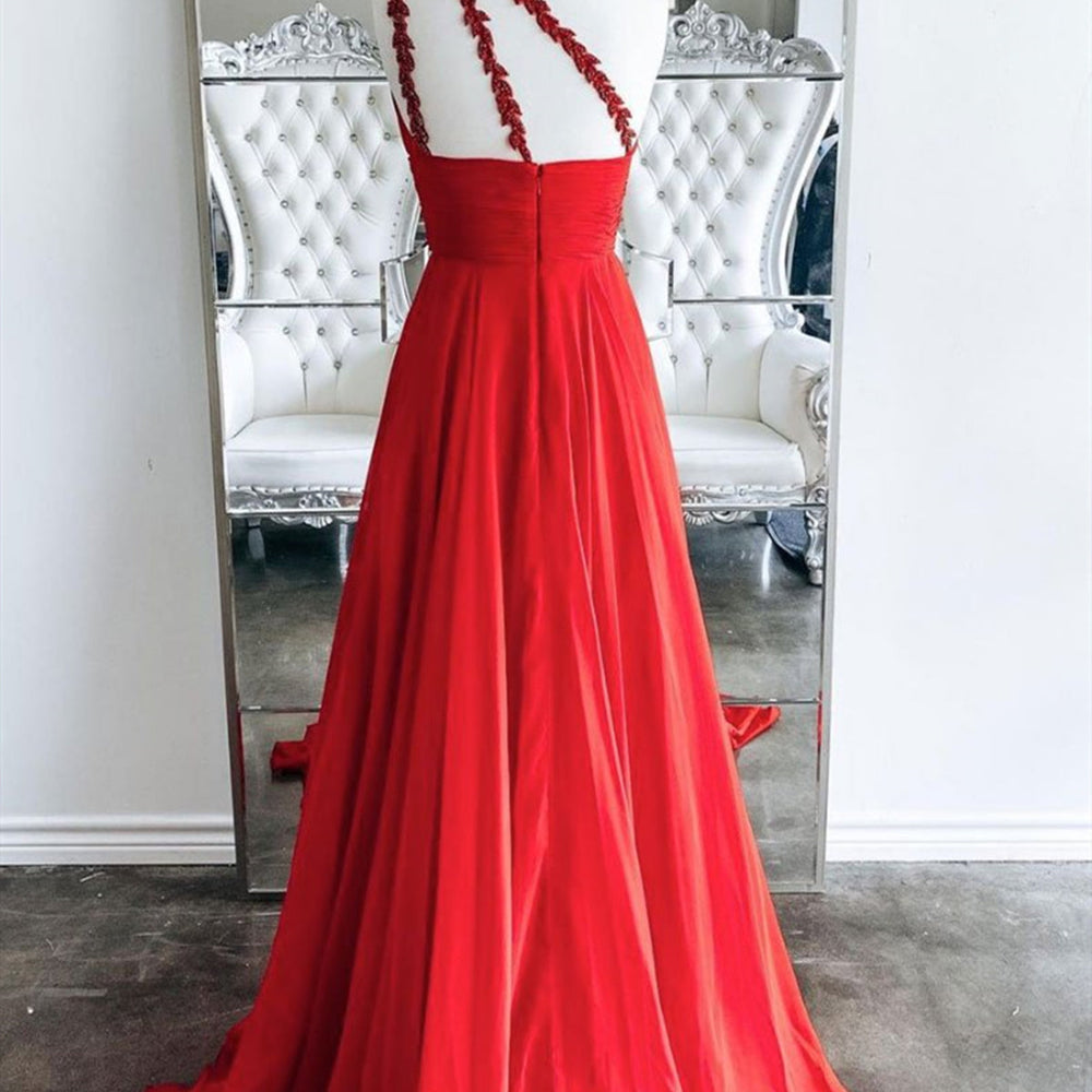 
                      
                        One Shoulder Backless Red Chiffon Long Prom Dresses, One Shoulder Red Formal Evening Dresses
                      
                    