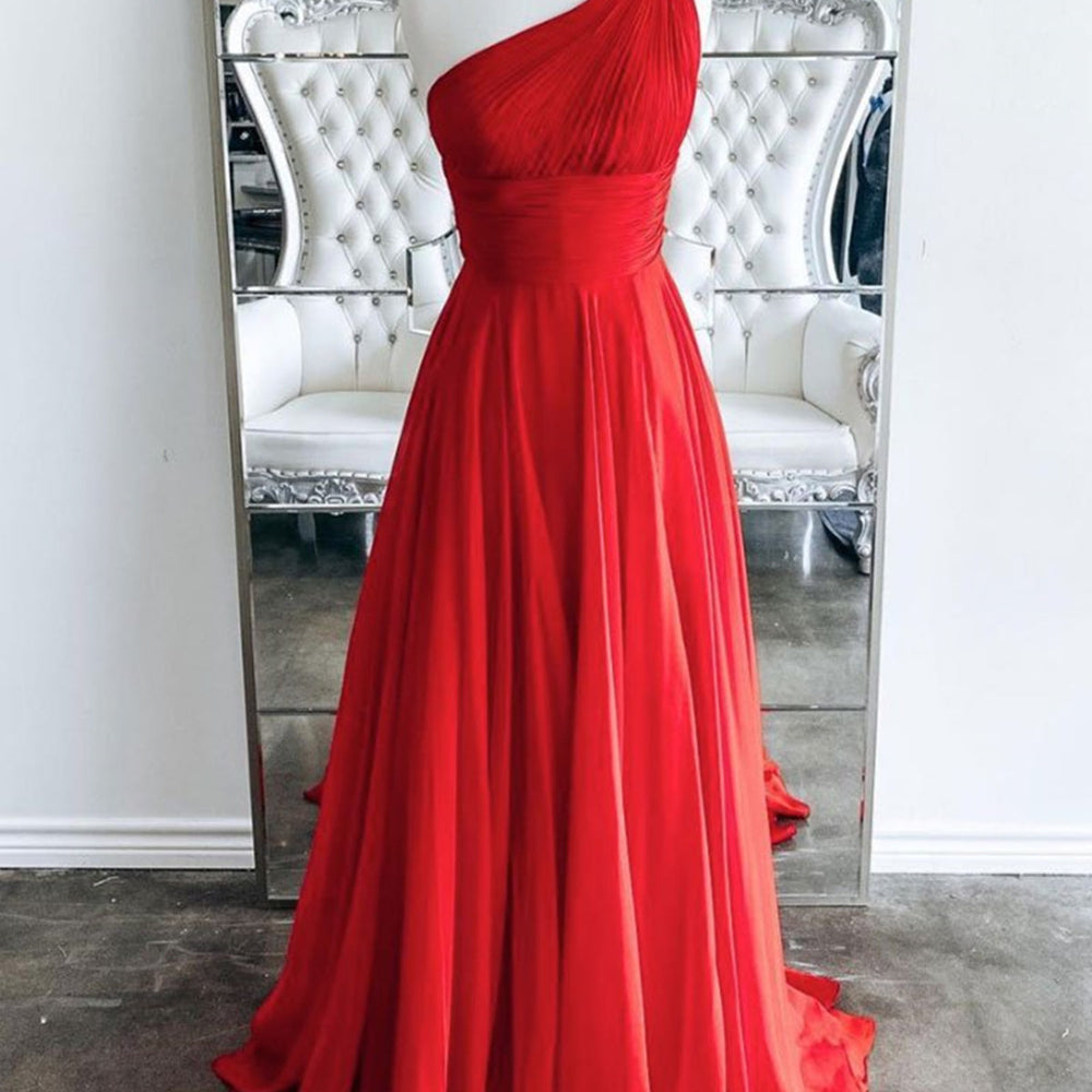 One Shoulder Backless Red Chiffon Long Prom Dresses, One Shoulder Red Formal Evening Dresses