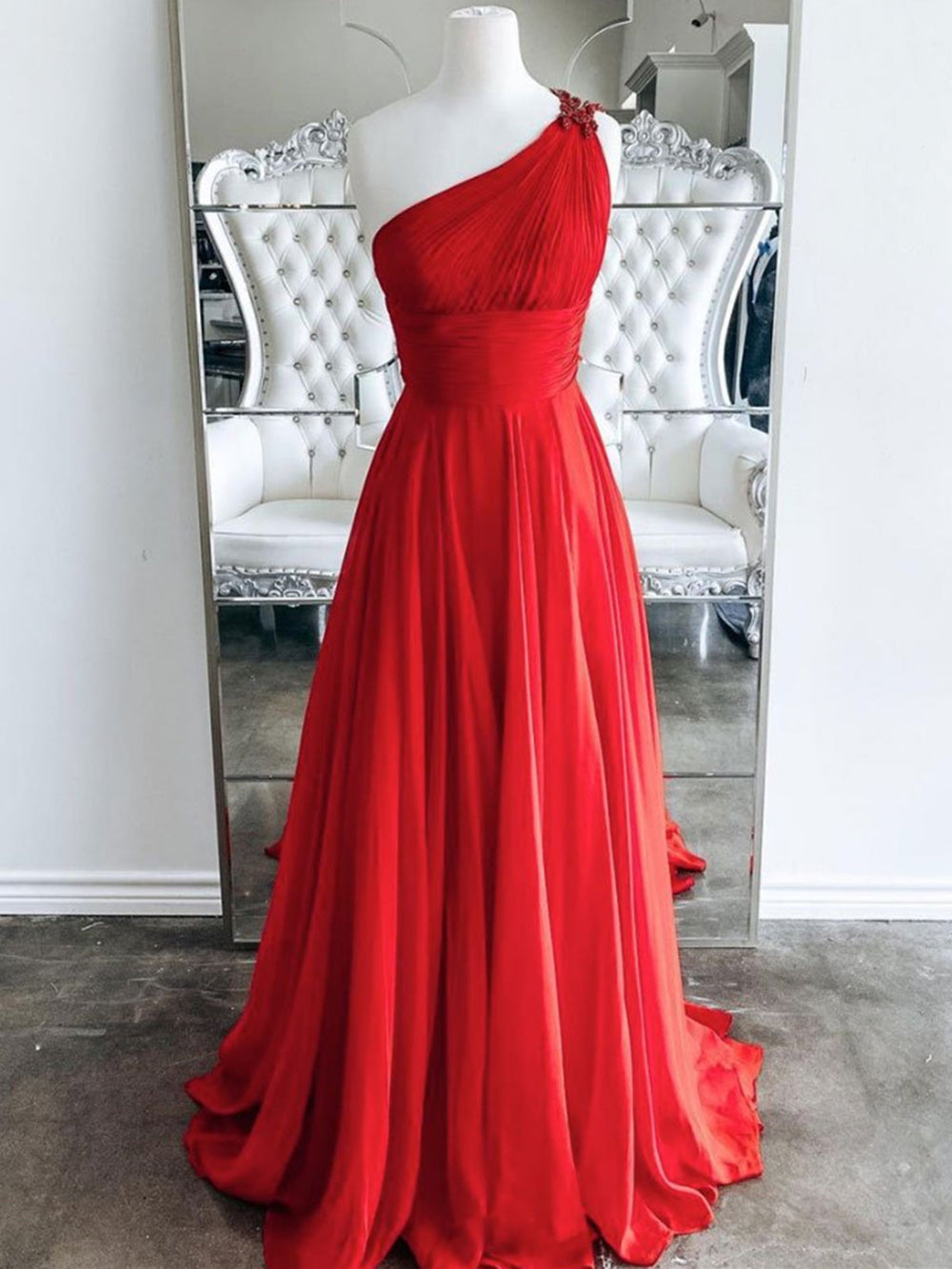 One Shoulder Backless Red Chiffon Long Prom Dresses, One Shoulder Red Formal Evening Dresses