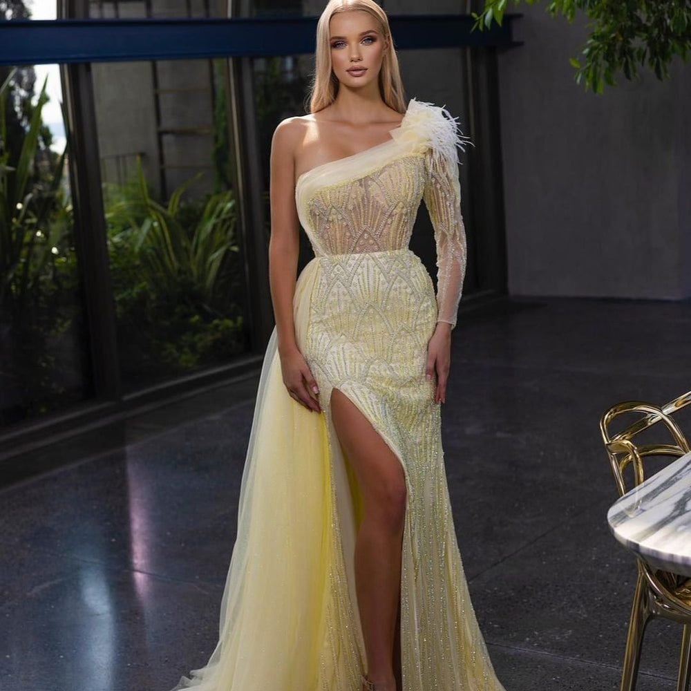 
                      
                        One Shoulder Beaded Prom Gown with High Slit
                      
                    