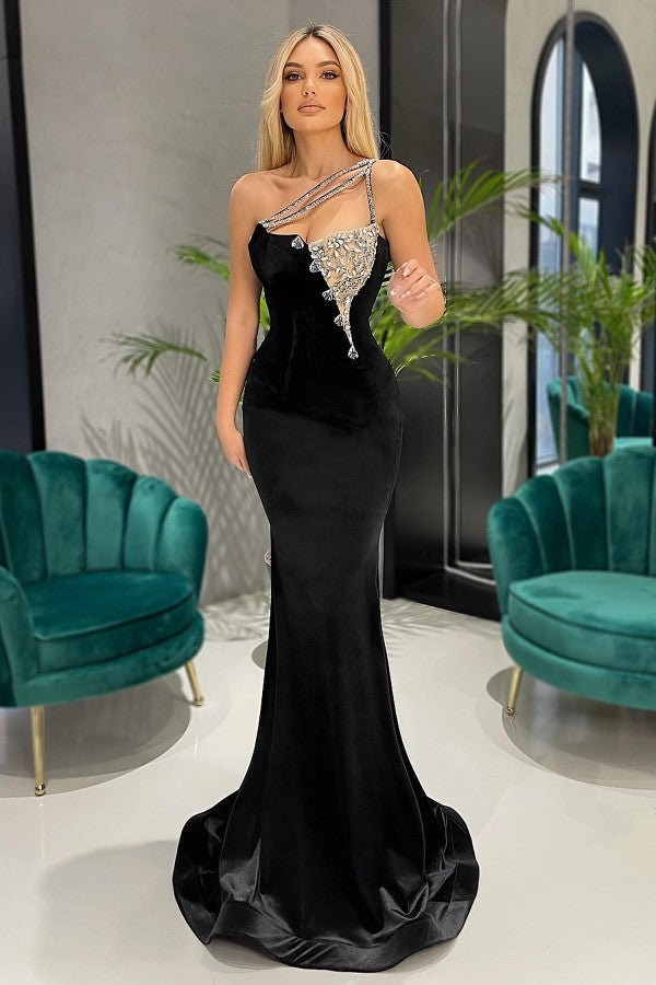 One-Shoulder Black Mermaid Long Prom Dress With Rhinestones