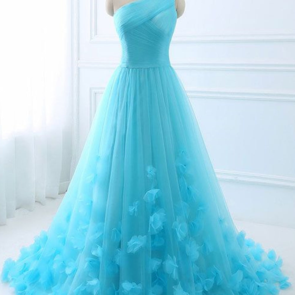 One Shoulder Blue Floral Long Prom Dresses, Blue Formal Evening Dresses with 3D Flowers, Blue Ball Gown