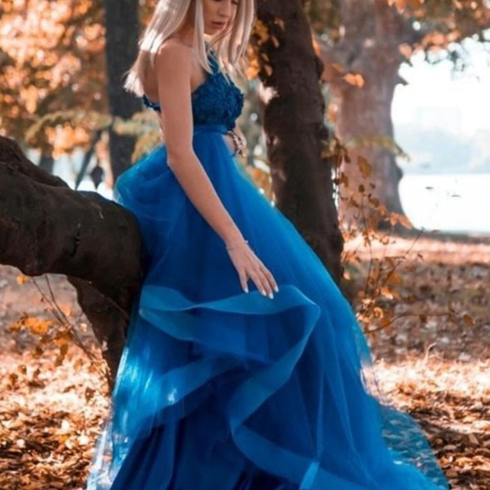 
                      
                        One Shoulder Blue Lace Long Prom Dresses, One Shoulder Blue Formal Dresses, Blue Lace Evening Dresses 
                      
                    