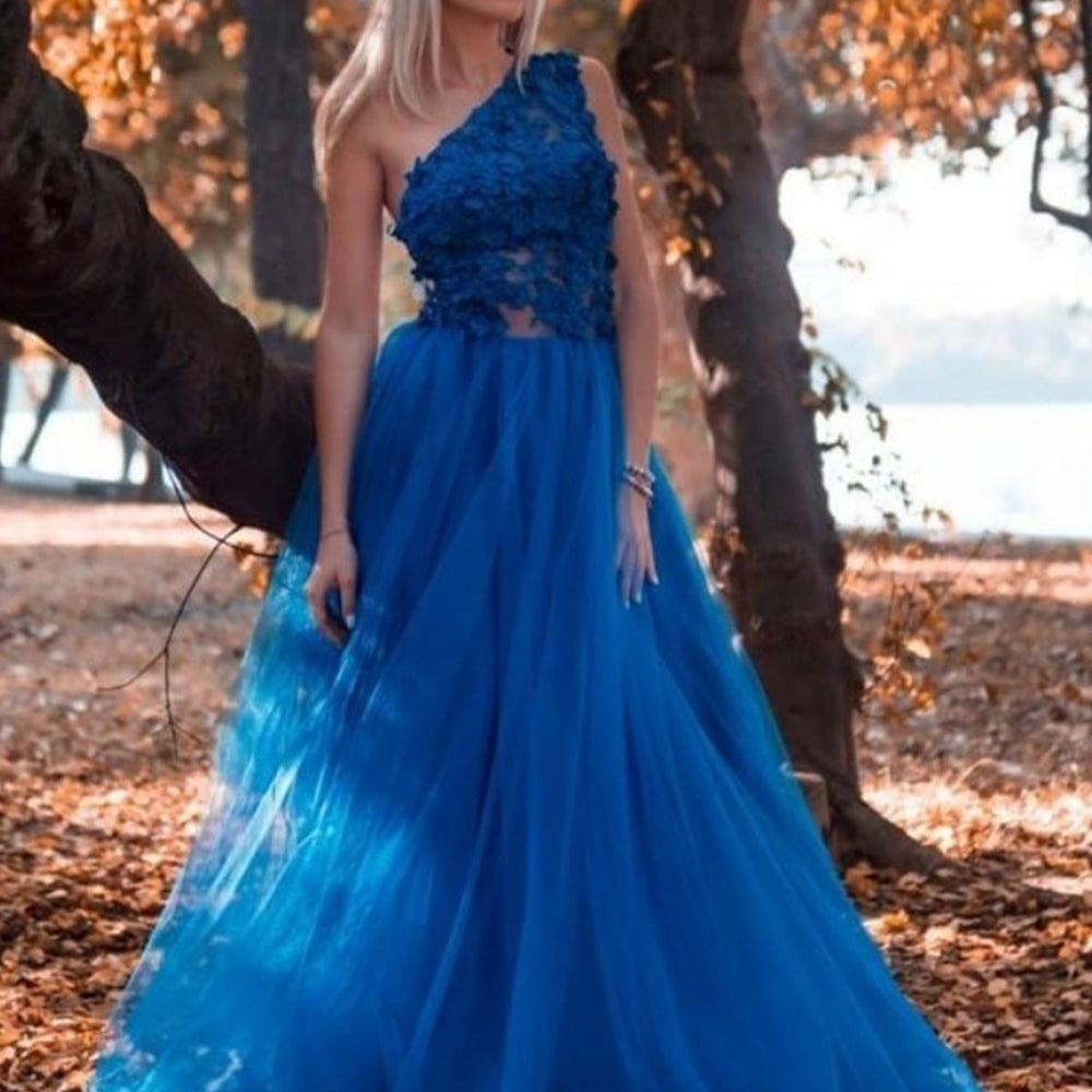 One Shoulder Blue Lace Long Prom Dresses, One Shoulder Blue Formal Dresses, Blue Lace Evening Dresses 