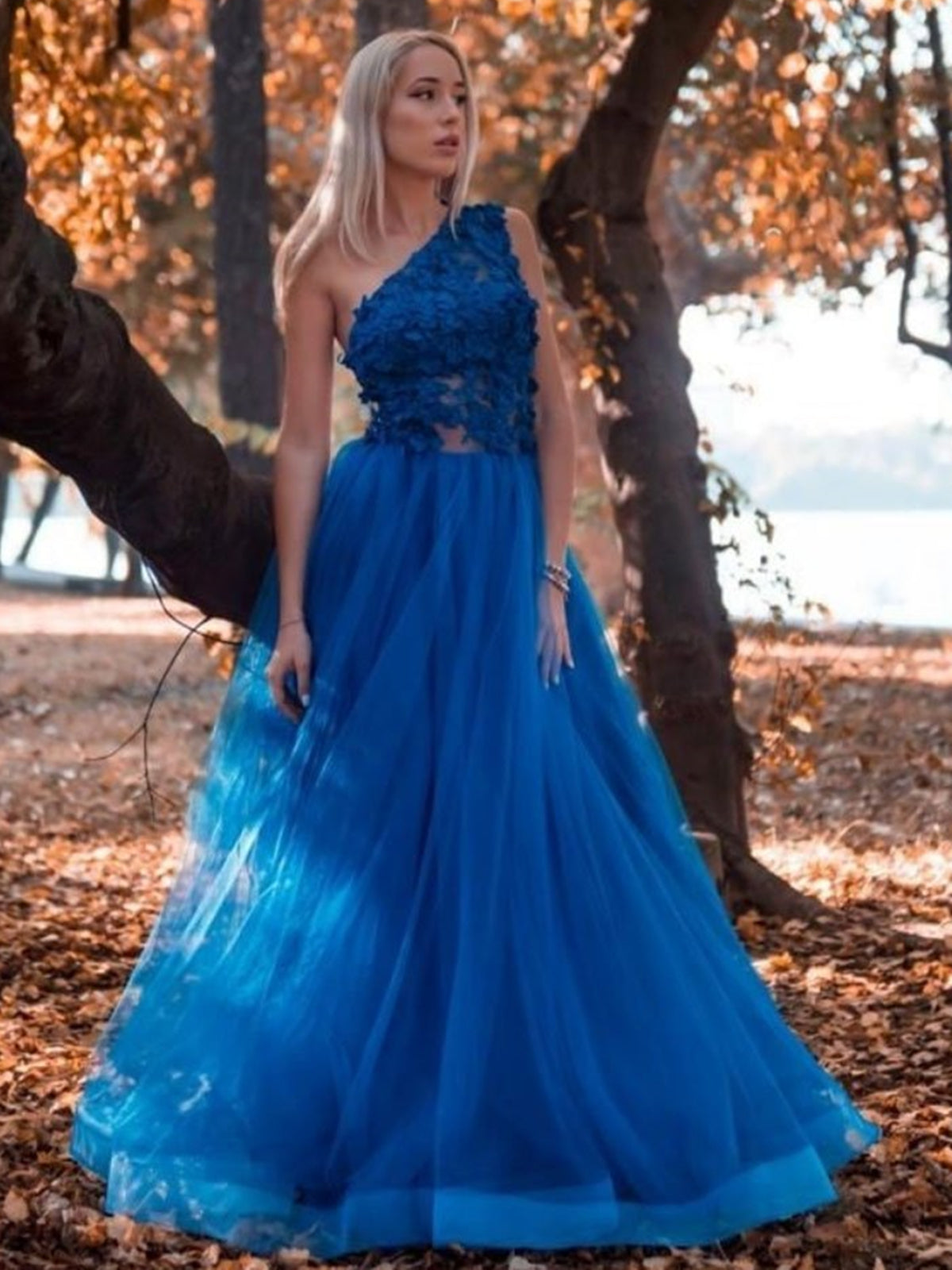 One Shoulder Blue Lace Long Prom Dresses, One Shoulder Blue Formal Dresses, Blue Lace Evening Dresses 