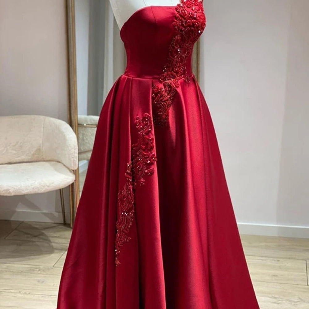 One Shoulder Burgundy Satin Long Prom Dresses with Lace Appliques, Burgundy Lace Formal Graduation Evening Dresses 