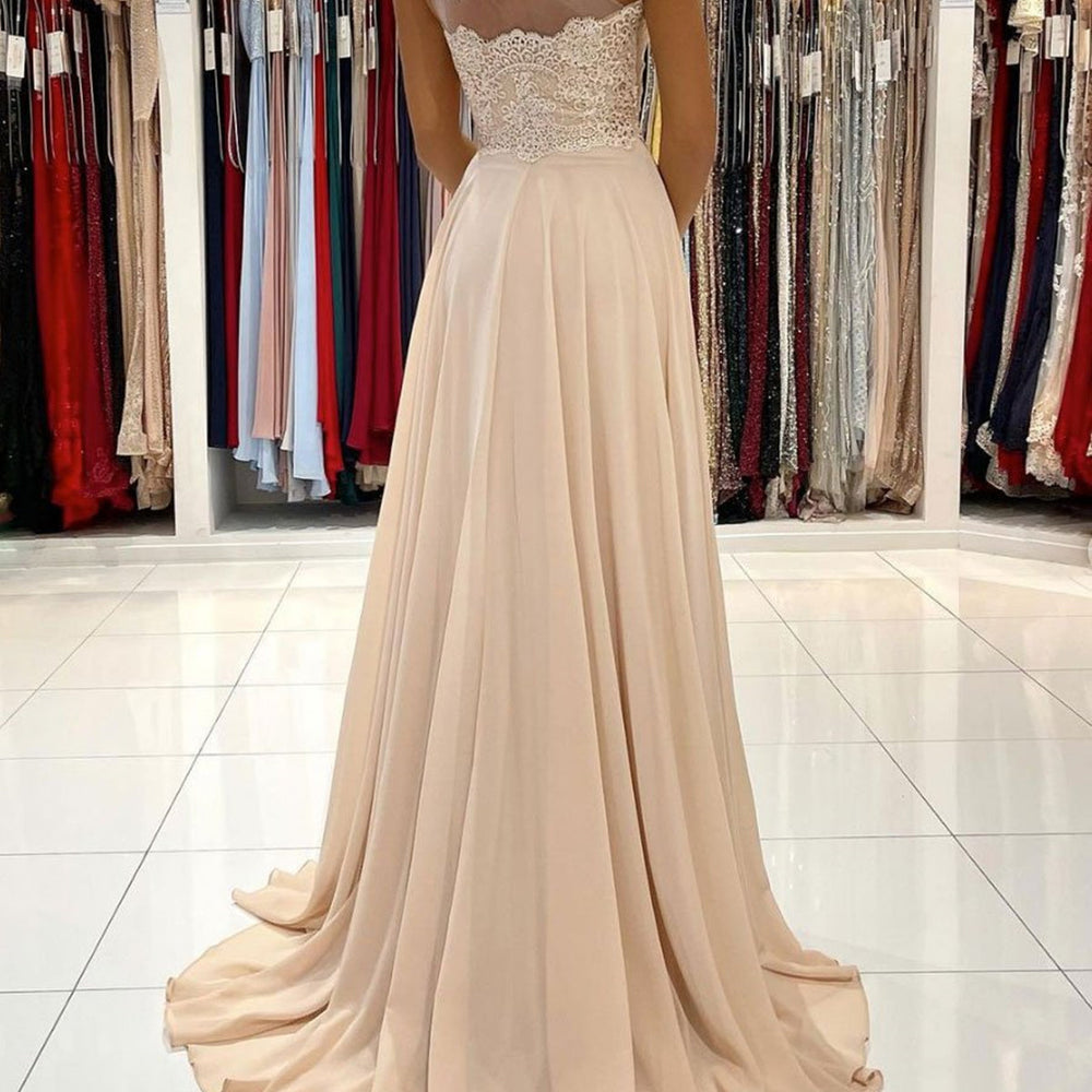 
                      
                        One Shoulder Champagne Lace Long Prom Dresses with Leg Slit, Champagne Lace Formal Graduation Evening Dresses 
                      
                    