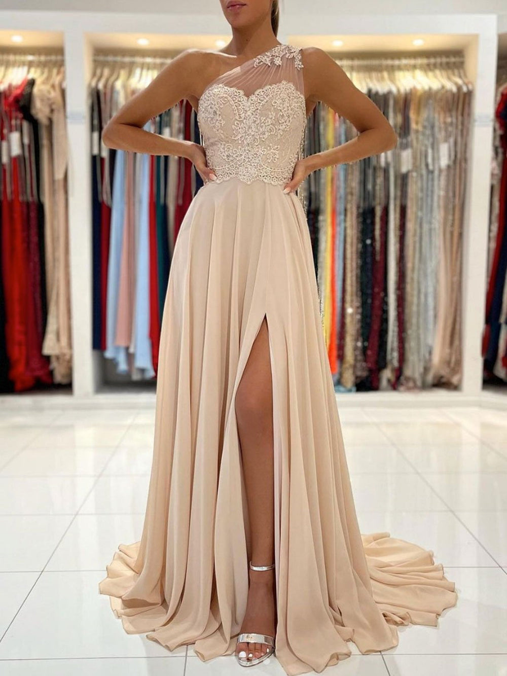 One Shoulder Champagne Lace Long Prom Dresses with Leg Slit, Champagne Lace Formal Graduation Evening Dresses 