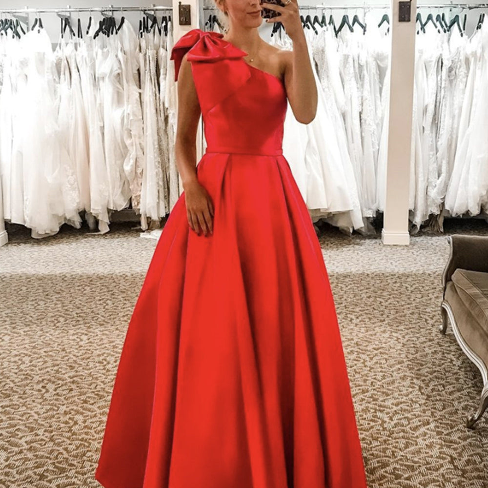 One Shoulder Floor Length Red Satin Long Prom Dresses, One Shoulder Red Formal Dresses, Red Evening Dresses