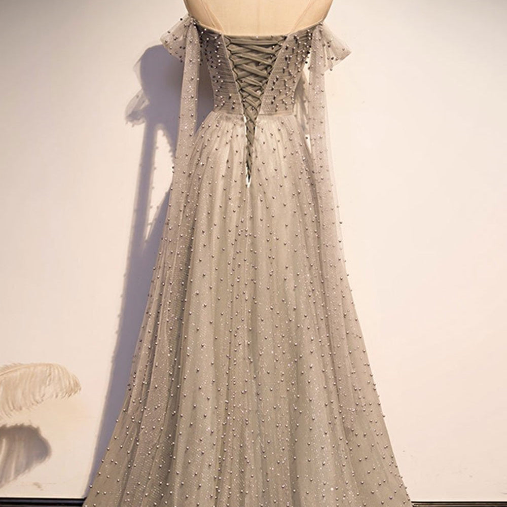 
                      
                        One Shoulder Gray Long Prom Dresses with Beads, Long Grey Formal Dresses, Gray Beaded Evening Dresses
                      
                    