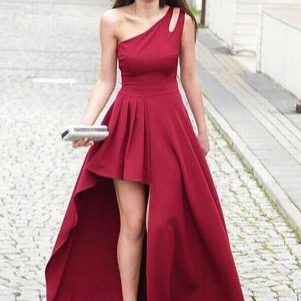 One Shoulder High Low Burgundy Long Prom Dresses, High Low Burgundy Formal Dresses, Maroon Evening Dresses 