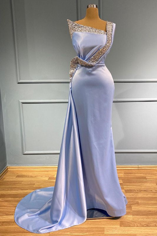 One-Shoulder Light Blue Sleeveless Long Beads Mermaid Prom Dress With Ruffles