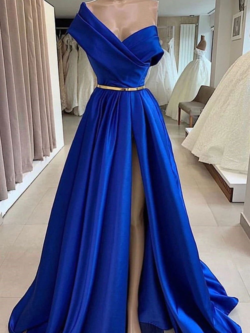 One Shoulder Long Royal Blue Prom, Royal Blue Long Formal Evening