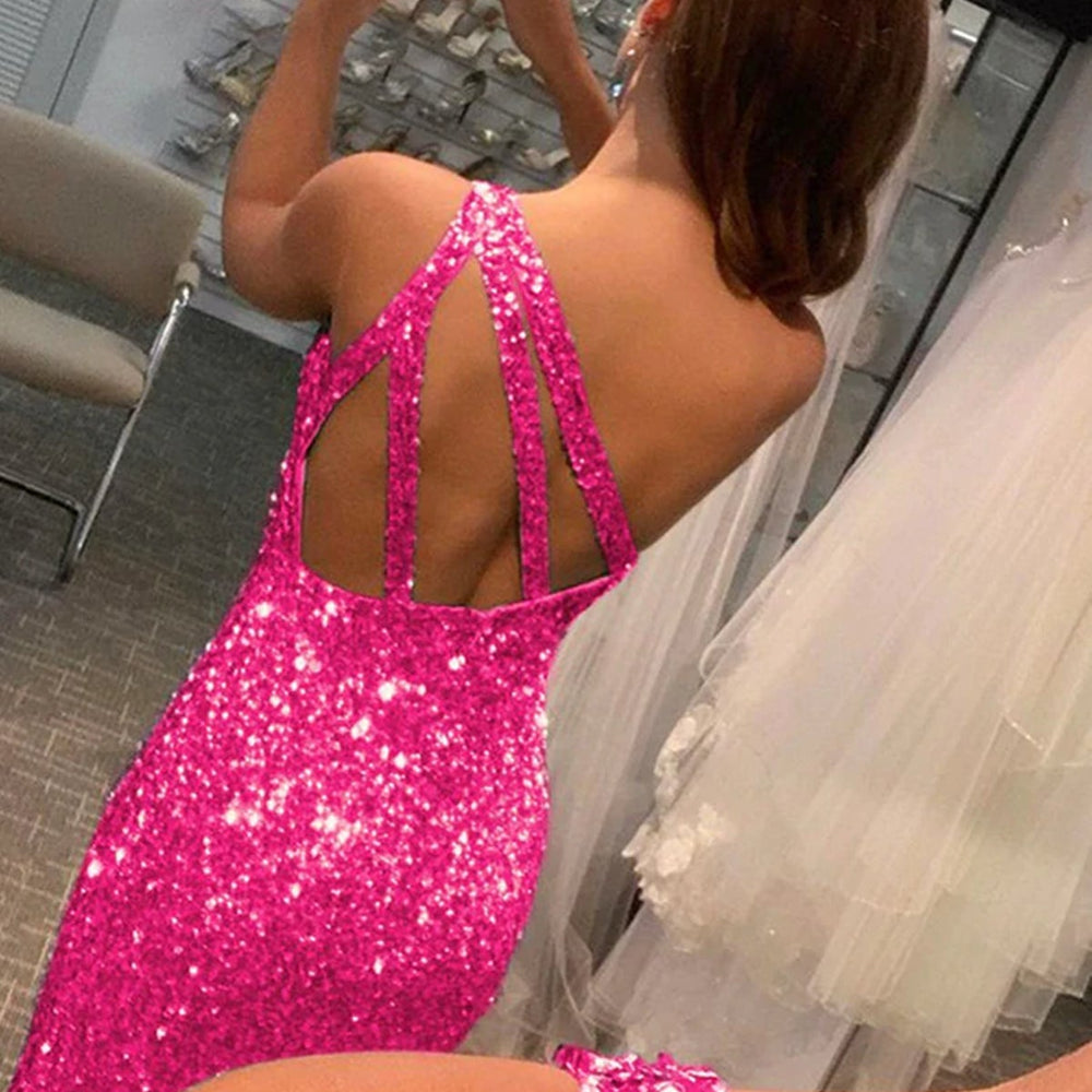 
                      
                        One Shoulder Open Back Mermaid Hot Pink Sequins Long Prom Dresses with High Slit, Mermaid Hot Pink Formal Graduation Evening Dresses 
                      
                    