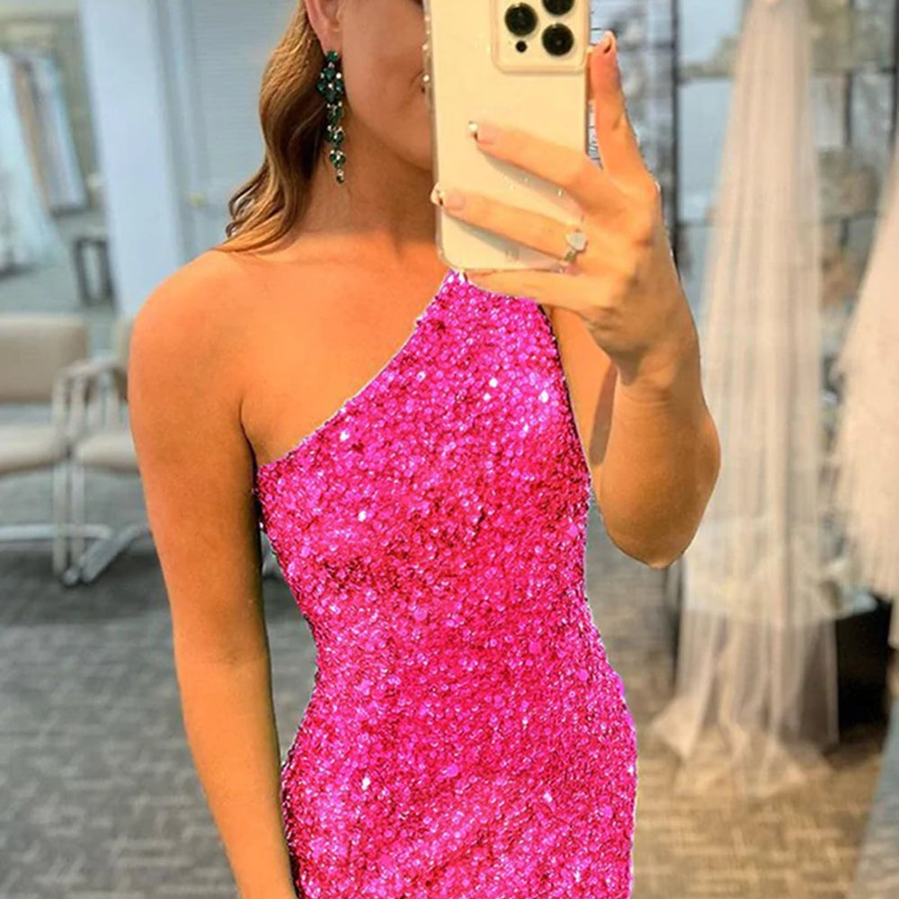 
                      
                        One Shoulder Open Back Mermaid Hot Pink Sequins Long Prom Dresses with High Slit, Mermaid Hot Pink Formal Graduation Evening Dresses 
                      
                    