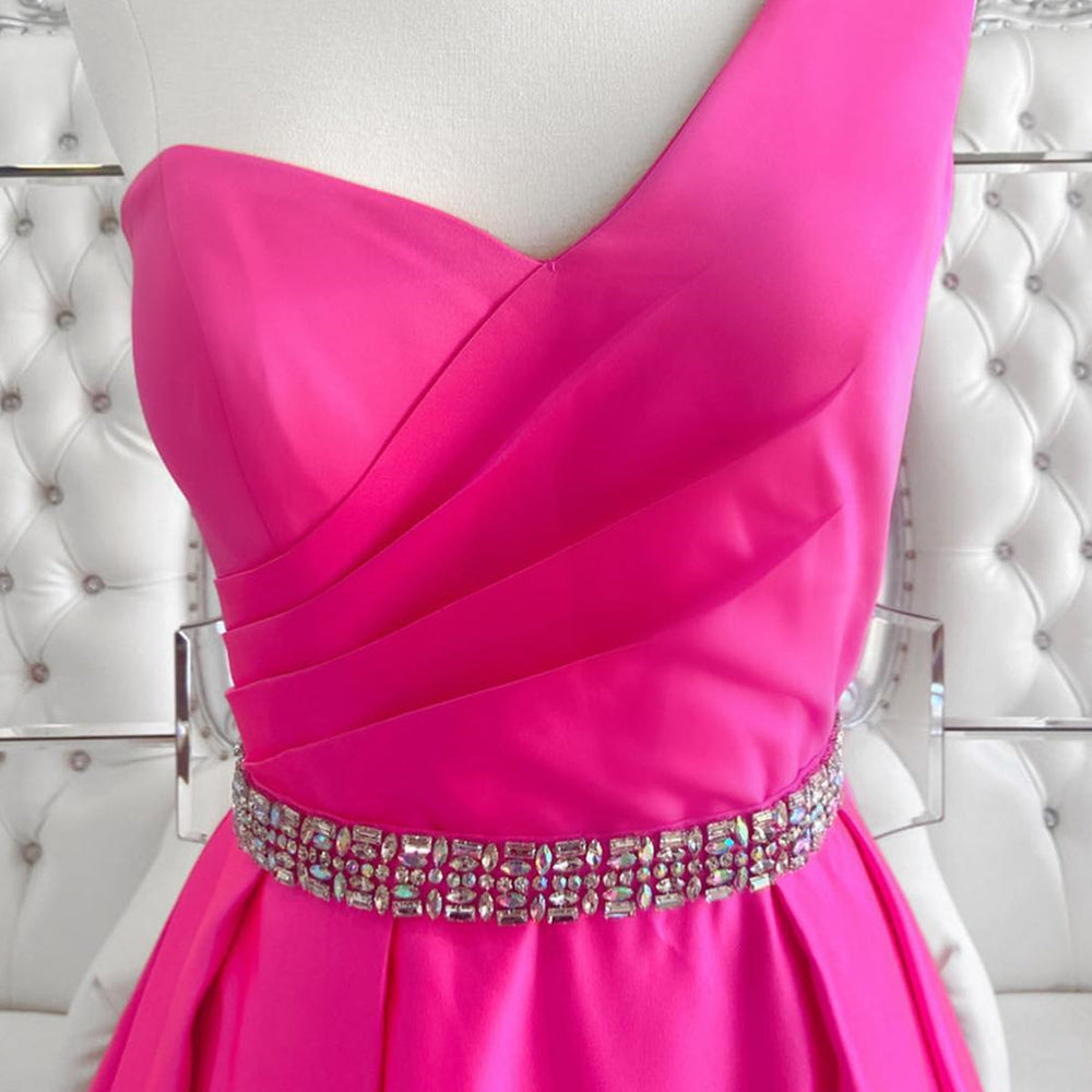 
                      
                        One Shoulder Open Back Pink Long Prom Dresses with Belt, One Shoulder Pink Formal Dresses, Pink Evening Dresses 
                      
                    