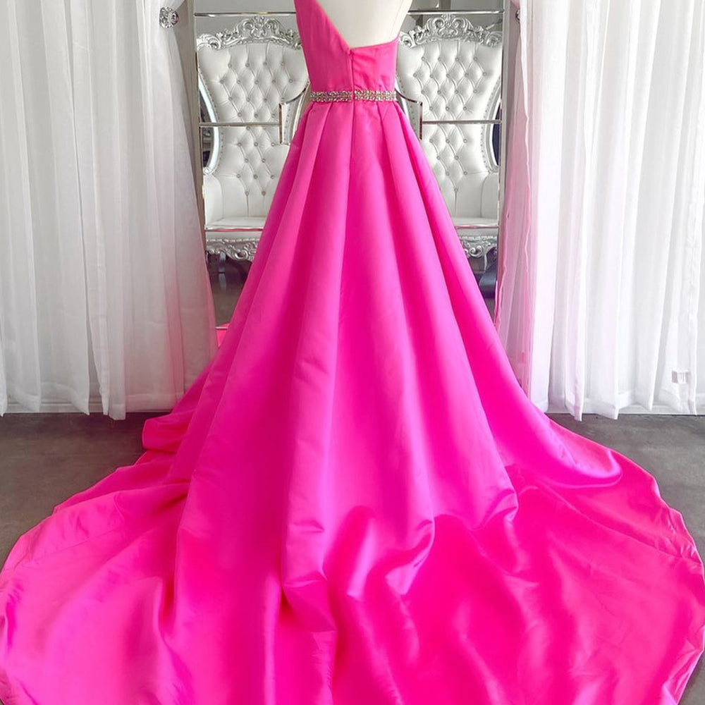 
                      
                        One Shoulder Open Back Pink Long Prom Dresses with Belt, One Shoulder Pink Formal Dresses, Pink Evening Dresses 
                      
                    